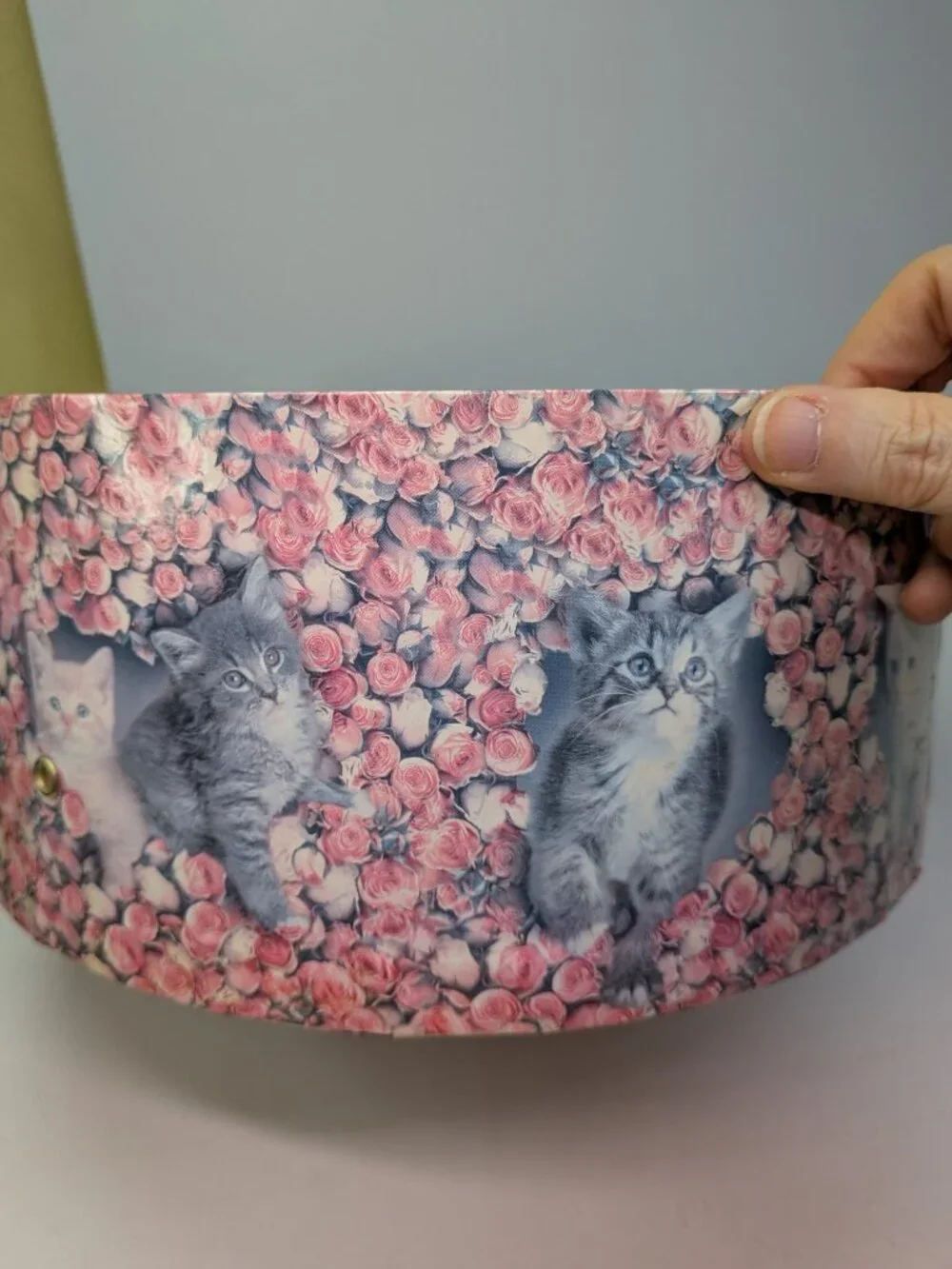 Vintage Large Round Kitten & Pink Roses Cardboard Hat Box Storage 12